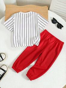 SHEIN Bộ 2 món cho bé trai/bé gái, thoải mái, thoáng khí, mát mẻ và thấm hút mồ hôi, gồm áo thun và quần jogger kẻ sọc, thích hợp cho trong nhà, ngoài trời, hàng ngày, thể thao, vui chơi, tiệc tùng, chụp ảnh, kỳ nghỉ, mùa xuân/hè. - Nhiều màu - Xem 2