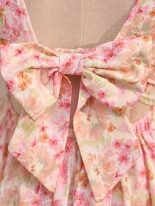 SHEIN Young Girl Cute & Elegant Floral Print Princess Dress,Open Back Puffy Short Sleeve Bow Dress For Kids Girl,Cerise Pink,Summer,Fairy,First Birthday - Multicolor - View 8
