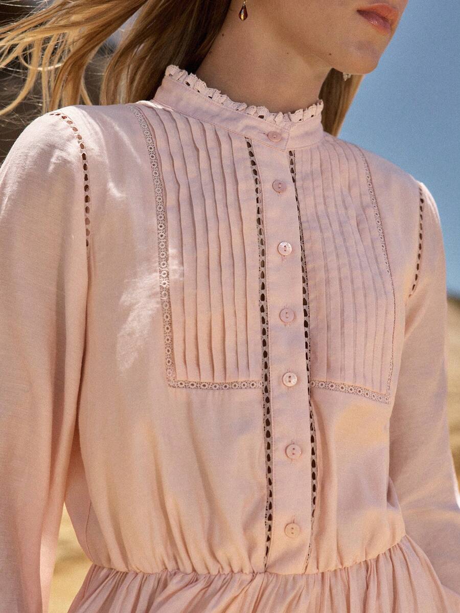 MOTF STUDIO 女士天丝亚麻拼接蕾丝边松紧腰短连衣裙