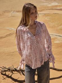 MOTF STUDIO ÁO KIỂU DÁNG NGHỈ DƯỠNG NỮ CHIFFON XẾP NẾP CÓ HỌA TIẾT, XUÂN/HÈ - trắng - Xem 4