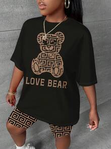 Slaydiva Set de 2 piezas para mujer de talla grande: Camiseta de cuello redondo con gráfico de oso LOVE y mallas cortas ajustadas, adecuado para el verano - Multicolor - Ver 4
