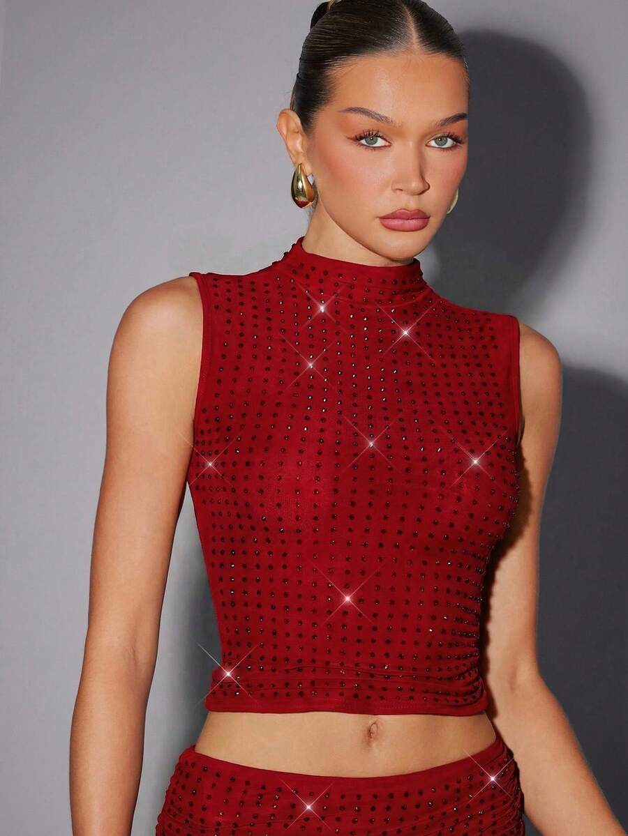 Hauture Sexy Summer Party Burgundy Red Mock Neck Hot Fixed Rhinestone Double Layer Mesh Tank Top - Red - View 1