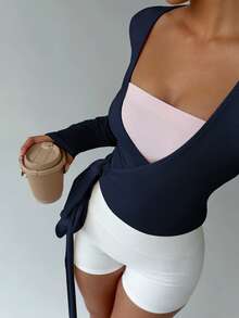 FavEase Áo thun bó cổ chữ V tay dài ôm sát tập yoga màu hồng, co giãn cao, mềm mại & thoải mái, thiết kế tối giản thanh lịch dành cho phụ nữ, mùa xuân/thu - Màu xanh hải quân - Xem 3