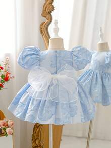 Glamorique Kids 女婴公主裙，蓝色花卉欧根纱提花面料，高品质面料，优雅正式派对礼服，适合中东、欧洲、美洲等地，奢华演出服 - 藍色 - 查看 2