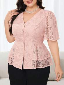 Modelyn Áo kiểu dáng thanh lịch tay ngắn, cổ chữ V, cài cúc phía trước, màu trơn, phối ren, cỡ lớn. - Hồng - Xem 6