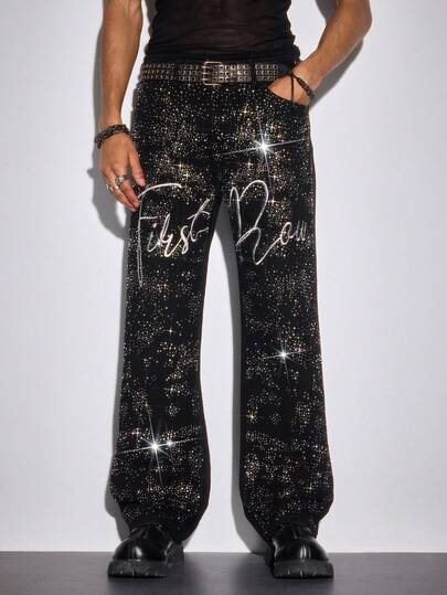 Jeans larghi e a zampa da uomo, con ricamo di lettere e strass, adatti per moda di strada, discoteca e feste