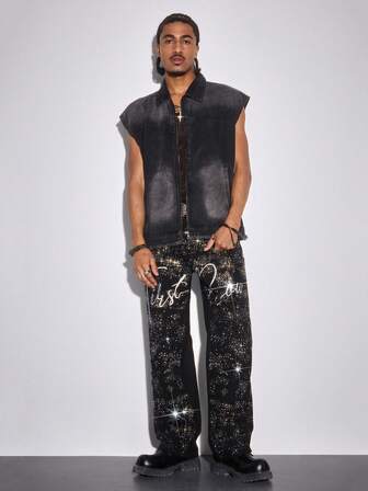 Jeans larghi e a zampa da uomo, con ricamo di lettere e strass, adatti per moda di strada, discoteca e feste