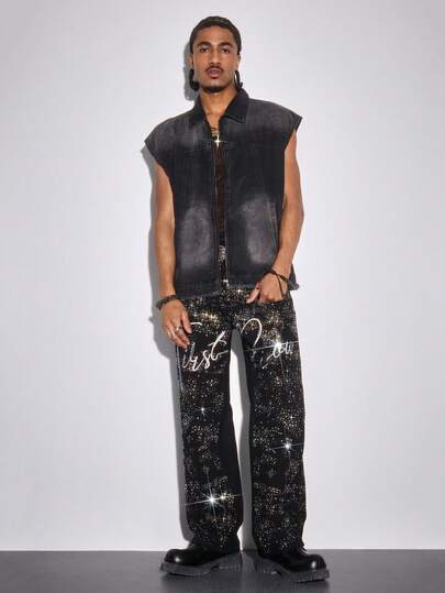 Jeans larghi e a zampa da uomo, con ricamo di lettere e strass, adatti per moda di strada, discoteca e feste