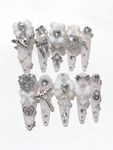 ROMWE Anime 10pcs Y2K Cute Heart, Star, Bow, Wing Nail Art Stickers With Tape - transparent white - View 4