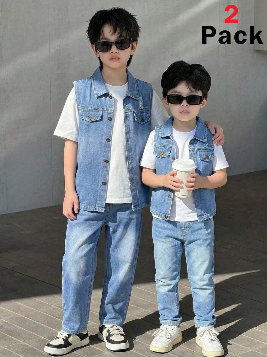 SHEIN 2件套儿童/青少年男童休闲韩版舒适牛仔开衫背心和牛仔裤套装