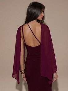 SHEIN BAE Women's Burgundy Summer Elegant Dining Dress,Off-The-Shoulder Halter Pleated Fitted Cape Cover-Up Tight Maxi Bodycon Evening Wear For Wedding Holiday - Burgundy - View 2