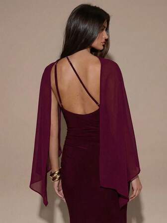 SHEIN BAE Burgundy Maroon Off-The-Shoulder Halter Pleated Fitted Cape Cover-Up Tight Maxi Elegant Dress, Suitable For Holidays, Weddings, Birthdays, Graduation Season, Bodycon Dresses, Women's Fall Dresses, Christmas Outfits, Women's Halloween Costumes, Evening Wear Glamorous Dress