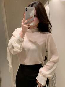 DAZY Women's Elegant Long Sleeve White Shirt, Casual Office/Commute Wear, Spring/Summer, Valentine's Day - Beige - View 1