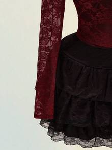 SHEIN ICON 大码女式露肩长袖蕾丝喇叭袖红色T恤 - 紅色 - 查看 8