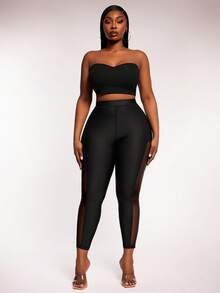 SHEIN SXY Plus Size Women Black Summer Girlism Gym Leggings,Mesh Patchwork Elastic Waist Yoga Tights With Pockets, Fashionable Casual Street Style Pants - Black - View 3