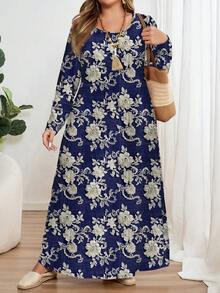 EMERY ROSE Vestido de manga larga con cuello redondo, de talla grande, con estampado de bordado floral romántico blanco y azul elegante, adecuado para fiestas - Multicolor - Ver 4