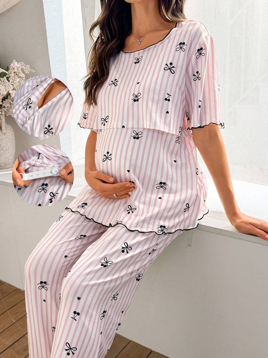 Moonlight&Mama 条纹蝴蝶结印花哺乳友好型短袖套头衫和裤子睡衣套装，孕妇适用 - 彩色 - 查看 1