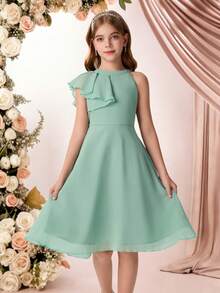Pitira Vestido de dama de honor de gasa verde sólido con volantes en los hombros y la cintura, con silueta evasé hasta la rodilla, adecuado para niña de las flores, temporada de bodas, Día de San Valentín, fiestas, cumpleaños, festivales de primavera y otras ocasiones - Verde - Ver 3