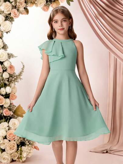 Pitira Vestido de dama de honor de gasa verde sólido con volantes en los hombros y la cintura, con silueta evasé hasta la rodilla, adecuado para niña de las flores, temporada de bodas, Día de San Valentín, fiestas, cumpleaños, festivales de primavera y otras ocasiones