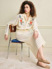 Écloséra Early Spring New Vintage Elegant Loose Beige Collar Long Sleeve Embroidered Floral Pattern Sweater Paired With Ribbed Bodycon Maxi Skirt Women 2-Piece Knit Set - Beige - View 1