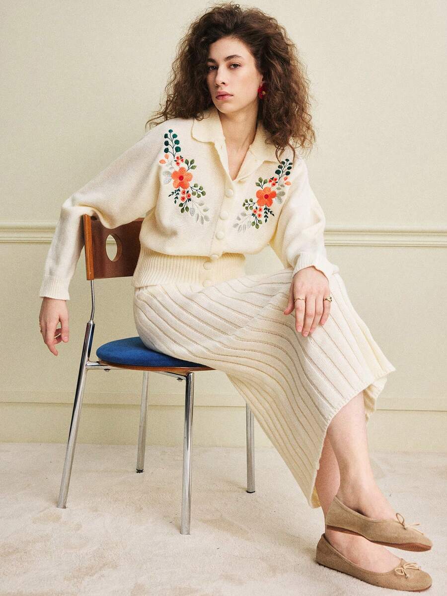 Écloséra Early Spring New Vintage Elegant Loose Beige Collar Long Sleeve Embroidered Floral Pattern Sweater Paired With Ribbed Bodycon Maxi Skirt Women 2-Piece Knit Set - Beige - View 1