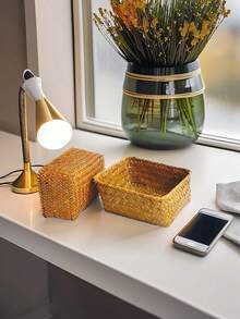 手工编织海草收纳篮，创意手工收纳盒，多功能柳条收纳箱，适用于浴室、卧室、客厅、宿舍、家居收纳整理，家居装饰，充满海岸风情的海草藤条收纳篮，几何金属框架波西米亚风收纳篮，天然混合植物盆栽，适合海滩小屋装饰，返校季必备 - 黃色 - 查看 5