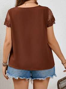 SHEIN Frenchy Plus Size Women's Lace Splicing Short Sleeve Summer Shirt Lace Trim Top, Going Out Tops - Coffee Brown - View 5