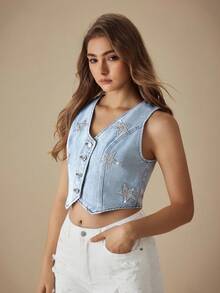 Selenza Plus Size Women Summer Casual Inelastic Embroidered Denim Blouse - Light Wash - View 6