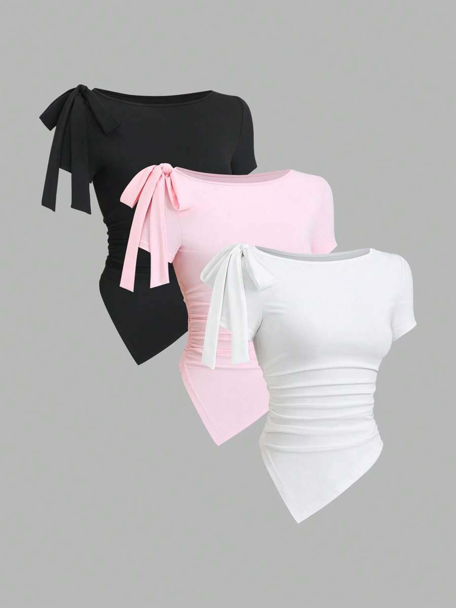 Sweetra Set de 3 camisetas de manga corta de unicolor con cuello de barco, lazo en los hombros, dobladillo asimétrico y cintura fruncida, en blanco, rosa y negro, adecuadas para ir al trabajo y salidas en primavera/verano - Multicolor - Ver 1
