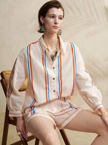 Airaco 2pcs Striped Print Drop Shoulder Long Sleeve Shirt And Shorts Set - Multicolor - View 1