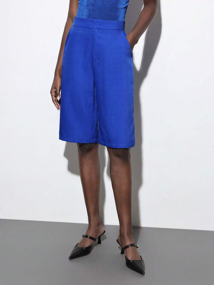 SHEIN Maija 블루 여성용 스트레이트 5인치 캐주얼 반바지, 심플 & 패셔너블, 다용도, 여성 페스티벌용 봄/여름 여름 세트