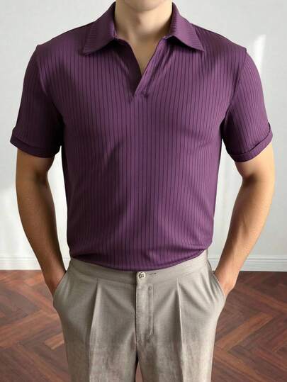 Manfinity Homme Men's Striped Fashionable Casual Short Sleeve Polo Shirt Men Short Sleeve Polo Purple Top Men Men's Summer Polo Purple Shirt Men's Polo Shirt