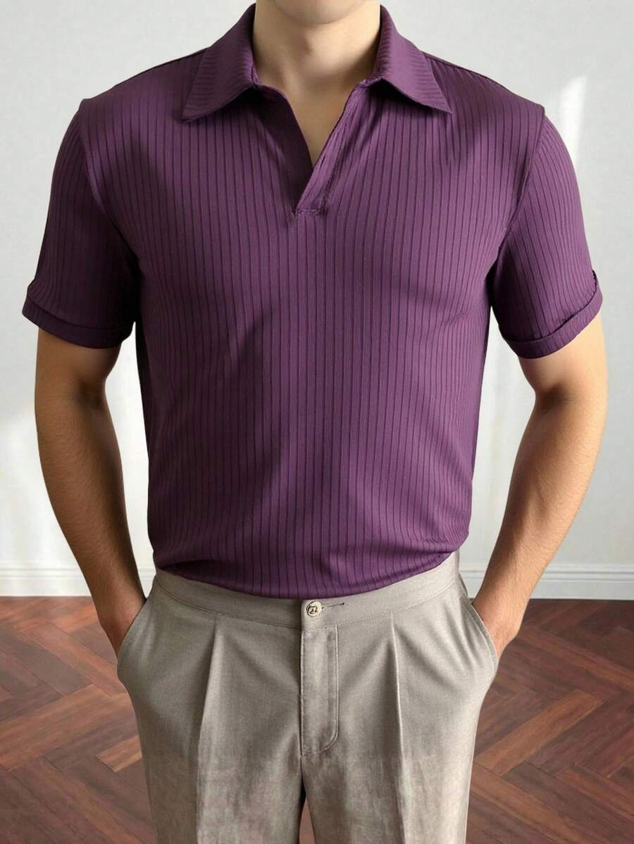 Manfinity Homme 男士条纹时尚休闲短袖polo衫 男士短袖polo衫 紫色上衣 男士夏季polo衫 紫色衬衫 男士polo衫 - 紫色 - 查看 1