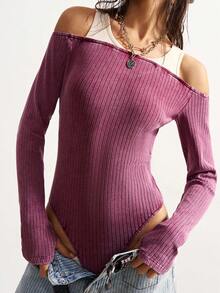 Bohemela Casual Color Block Long Sleeve Fitted Bodysuit For Women - Burgundy - View 5