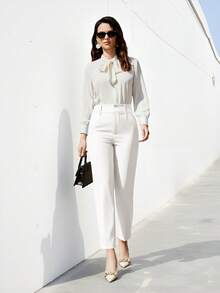 Pantalones de traje de unicolor y sencillo para mujer - Beis - Ver 3