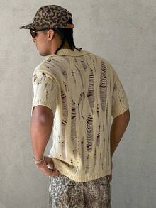 STEELVANCE Áo thun nam tay ngắn màu trơn, kiểu dáng bụi bặm, cài một hàng khuy, phong cách đường phố, áo sơ mi nam dệt kim, áo sơ mi nam móc, áo sơ mi nam, áo sơ mi Boho nam, áo mùa hè nam, áo thun nam dệt kim, áo sơ mi nam móc - Màu be - Xem 2