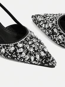 CUCCOO TILAWA Women Shoes Pointed Thin High Heel Black Rhinestone Back Strap Sexy Fashion Gorgeous Banquet Party Nightclub Women High Heel Shoes After Empty Shoes Valentine's Day - Graphite Black - View 5