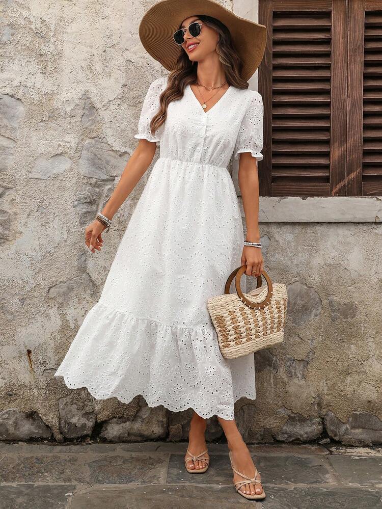 Plus Size Women's Summer Casual Vacation Country Embroidered Ruched V-Neck Casual Party White Long Dress,Suitable For Summer Vacation,Casual Holiday Style,Summer Outfits For Women ,Vacation Outfits Women ,Holiday Outfits For Women,Going Out Outfits, New Clothes,Simple And Fashionable For Everyday Wear,Suitable For Summer, Vacation, Daily Wear, Festival Outfits For Women,Country Concert Outfit,Beach Outfits For Women,Western Style,Flowy Dress,Boho Dress,Festival Outfits For Women,Festa Junina