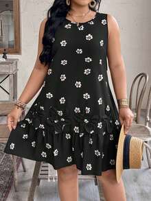 EMERY ROSE Đầm dệt kim thanh lịch, cổ tròn, không tay, cỡ lớn, in hoa, kiểu dáng thường ngày. - màu đen - Xem 6