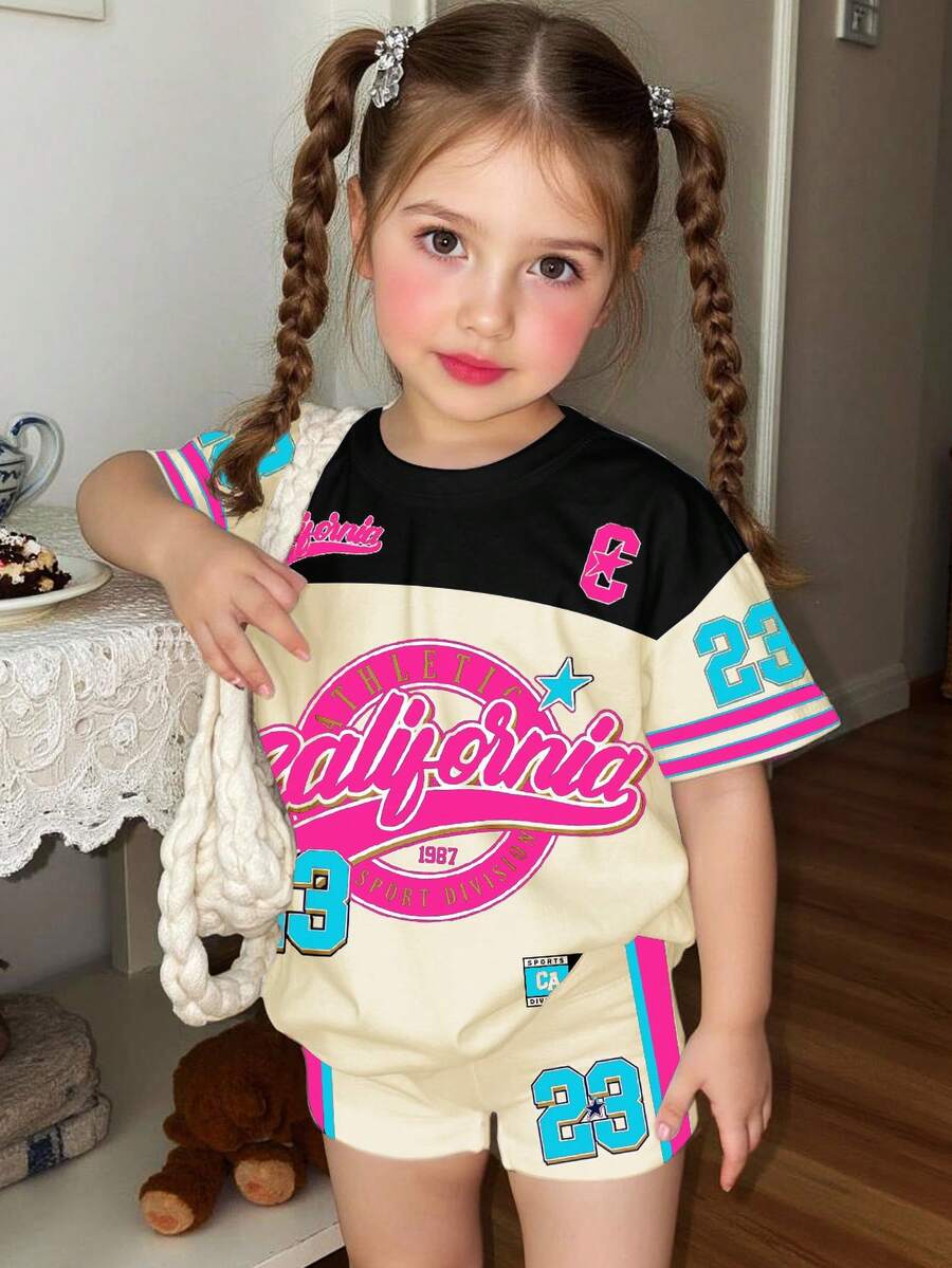 2pcs/Set Young Girl Casual Retro Collegiate Sports Number 23 Print Short Sleeve T-Shirt And Shorts Set, Suitable For Summer, Back To School