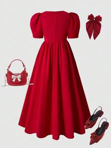 SHEIN Vestido largo minimalista de moda para niñas, vestido largo de punto rojo con cuello cuadrado y adornos de cristal, adecuado para fiestas, salidas y eventos importantes - Rojo - Ver 2