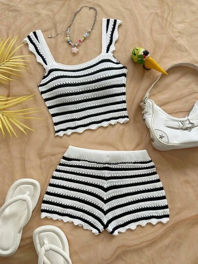 Soleia Spring/Summer Holiday Colorblock Black & White Striped Knit Ruffle Trim Women's 2-Piece Set, Suitable For Dates, Afternoon Tea, Vacations, Music Festivals, Boho, Beach, Summer