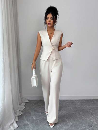 Elenzga Women's 2026 Spring/Summer New Elegant Minimalist Office Short Sleeve Suit Set