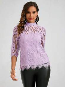 Amorya Women's Spring Stand Collar Lace Top - Lilac Purple - View 6
