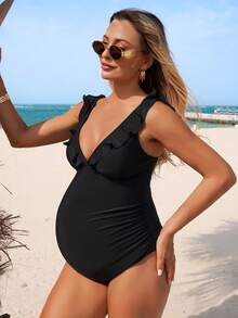 SHEIN Swim Vcay Maternity Solid Color Backless One-Piece Swimsuit For Beach Vacation - Brown - View 1