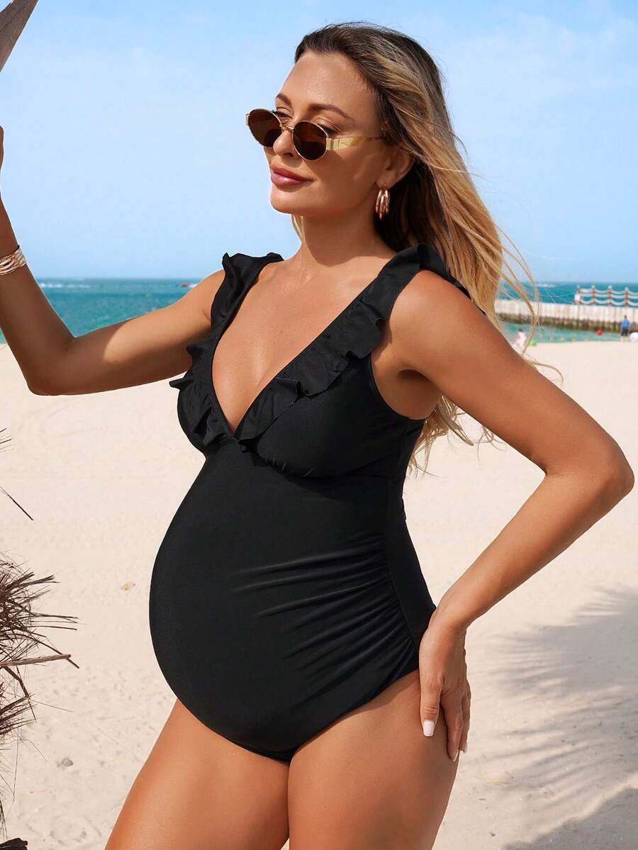 SHEIN Swim Vcay Maternity Solid Color Backless One-Piece Swimsuit For Beach Vacation - Brown - View 1