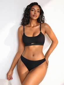 NudeFit 2 piezas Conjunto de sujetadores deportivos minimalistas para mujer, ropa interior casual delgada - Negro - Ver 3