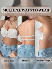 1pc Lace Backless Underwire Bra For Women, Small Bust Enhancing, Supportive, Slip-Resistant, Strapless Spaghetti Strap Bra - Multicolor - View 3
