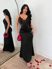 SHEIN SXY 女士黑色蕾丝拼接优雅连衣裙 - 黑色 - 查看 4