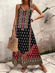 EMERY ROSE Women's Pattern Sleeveless A-Line Loose Positioning Floral Design Elegant Casual Vacation Commute Fashion Retro Versatile Early Spring/Spring & Summer Midi Dress - Multicolor - View 5